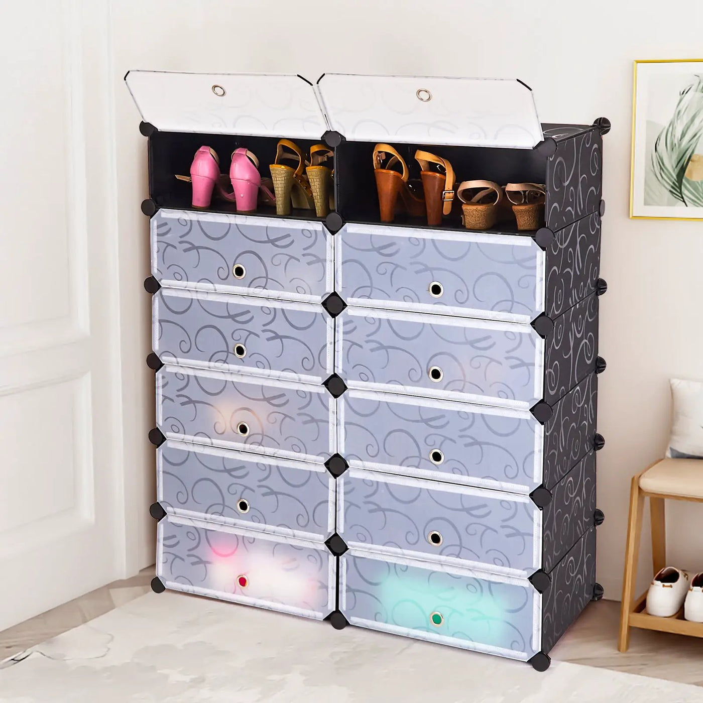 12-Cube DIY Portable Plastic Shoe Rack with Transparent Doors by DirectDeals