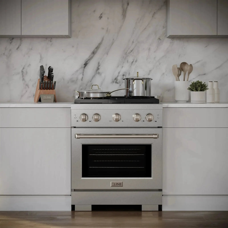 ZLINE 30"Paramount Dual Fuel Range DuraSnow® Stainless Steel SDRS-30 by Farmhouse Kitchen and Bath