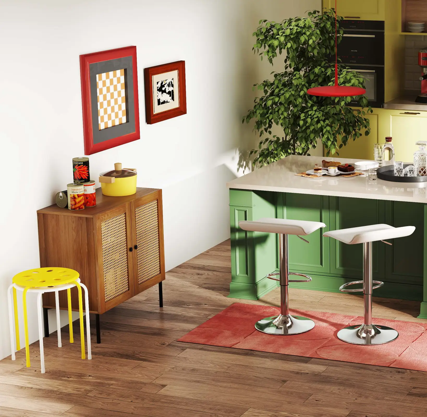 5-Piece Kitchen & Dining Bundle: Adjustable Bar Stools (Set of 2) + Stackable Stools (Set of 6) + Rattan Storage Sideboard by DirectDeals
