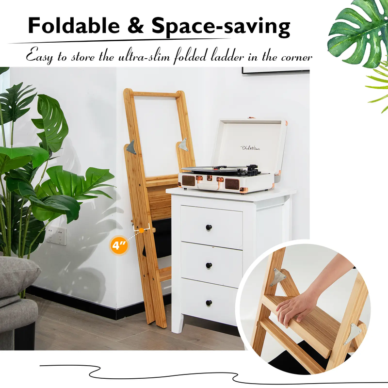 3 Step Foldable Bamboo Step Ladder Stool with Tool Storage Bag-Natural by DirectDeals
