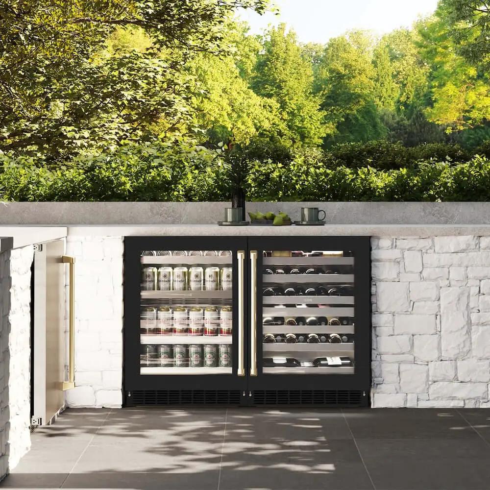 ZLINE 24" Touchstone Dual Zone 44 Bottle Wine Cooler Black Matte Glass Door Champagne Bronze Handle RWDOZ-BLM-24-CB by Farmhouse Kitchen and Bath