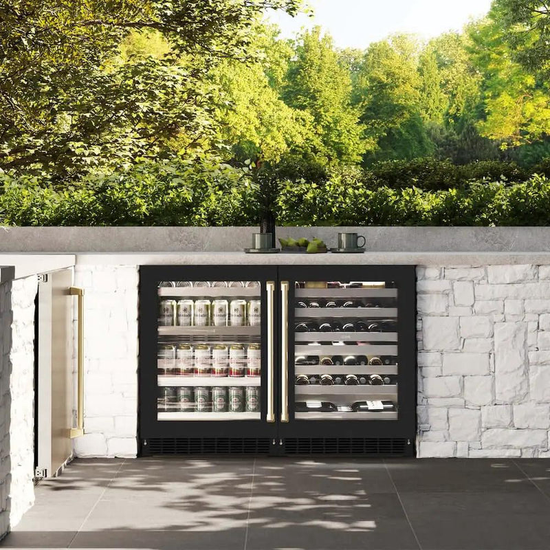 ZLINE 24" Touchstone Dual Zone 44 Bottle Wine Cooler Black Matte Glass Door Champagne Bronze Handle RWDOZ-BLM-24-CB by Farmhouse Kitchen and Bath