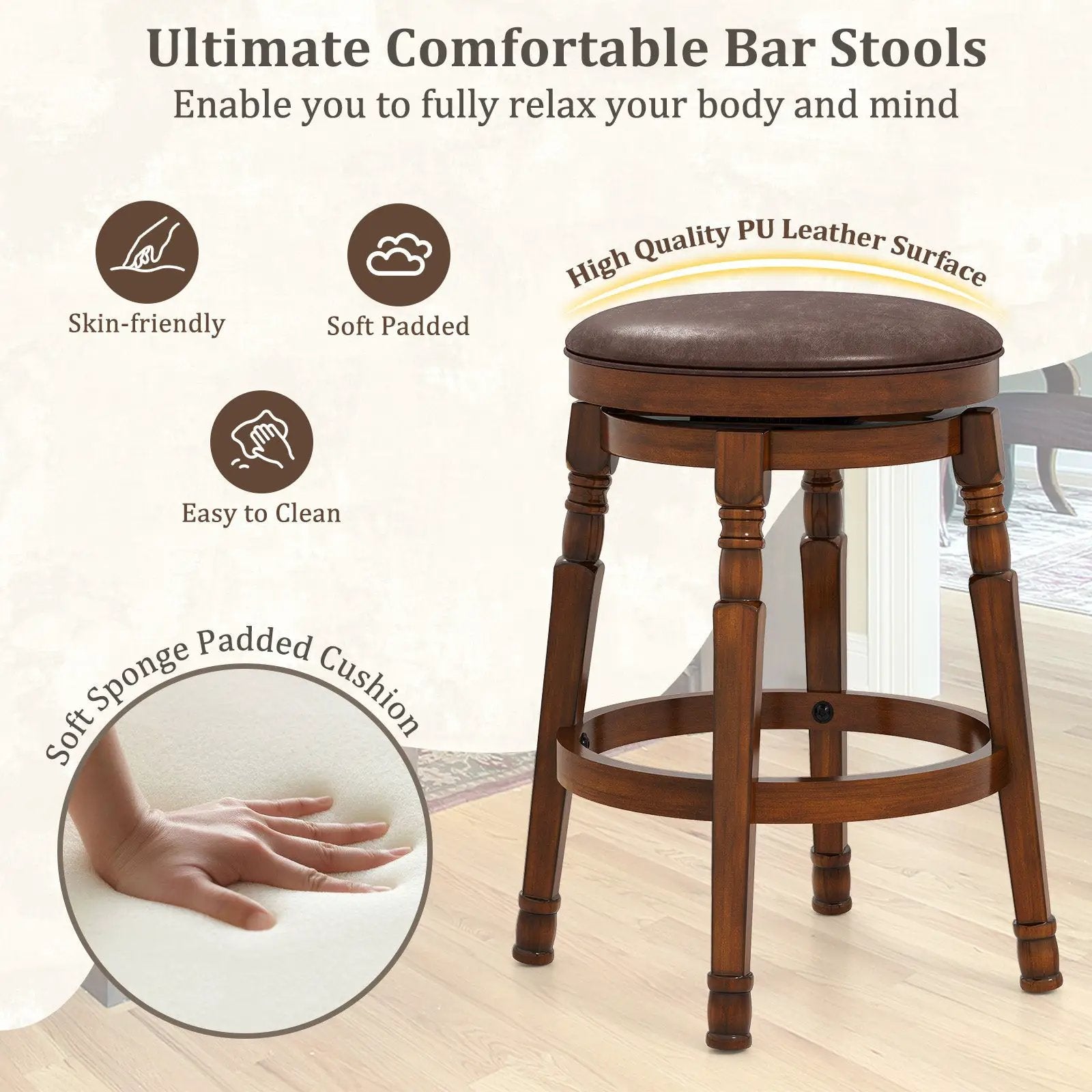 Set of 2 29-Inch Swivel Leather Padded Dining Bar Stools by DirectDeals