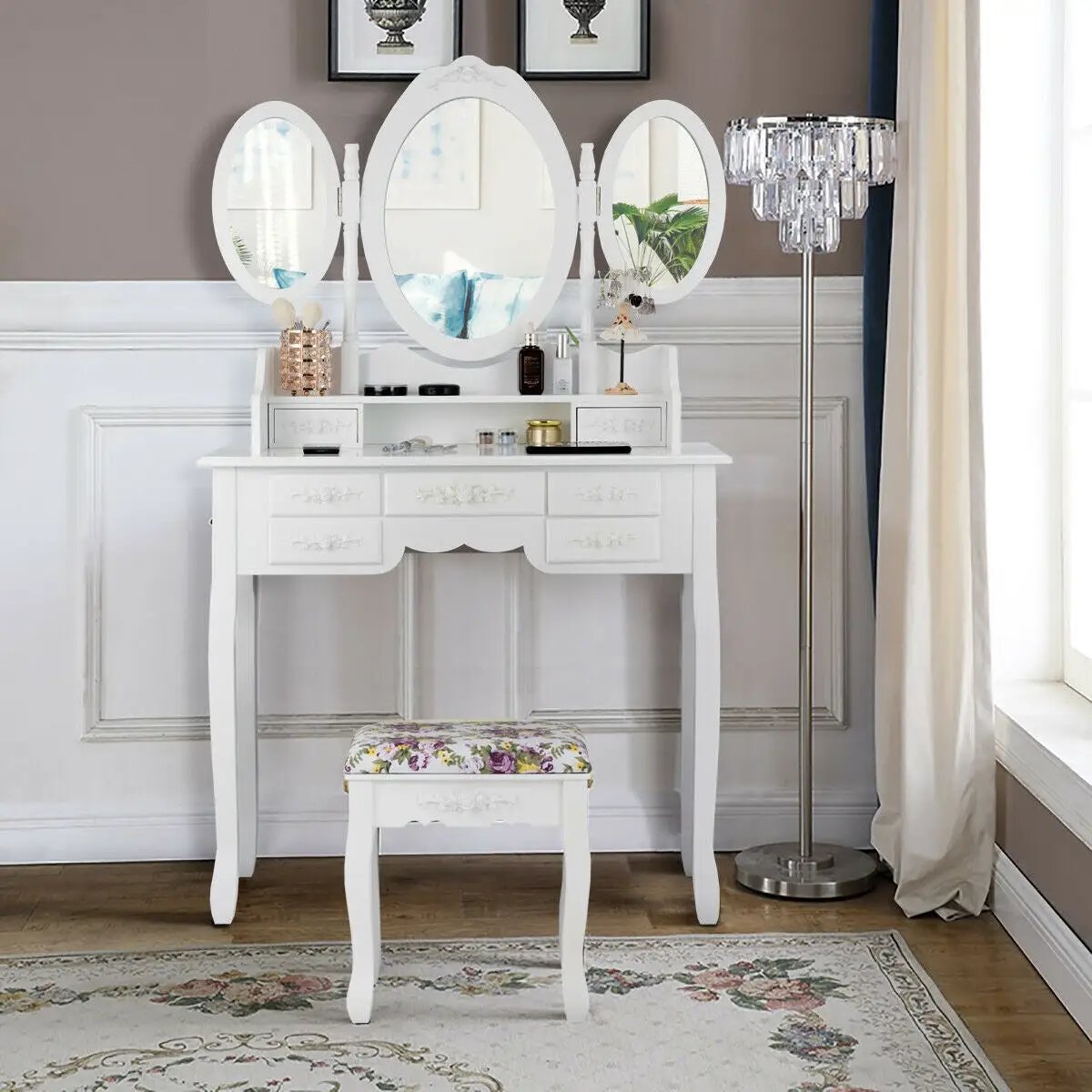 7 Drawer Tri-Folding Mirror Dressing Vanity Makeup Set by DirectDeals