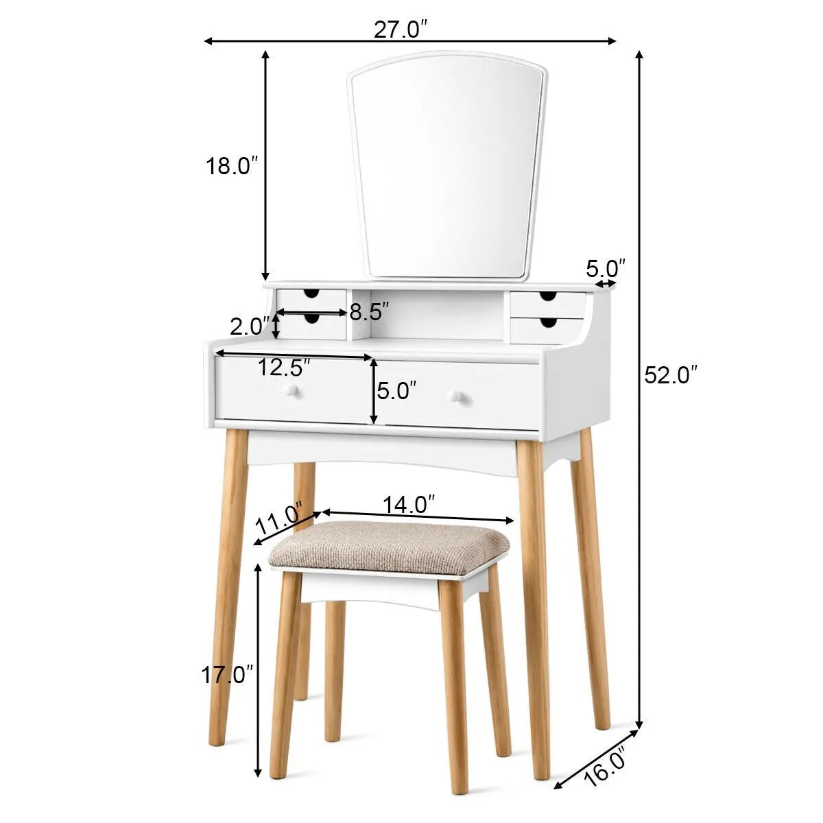 Makeup Vanity Set with 6 Drawers and Unique Shape Mirror by DirectDeals