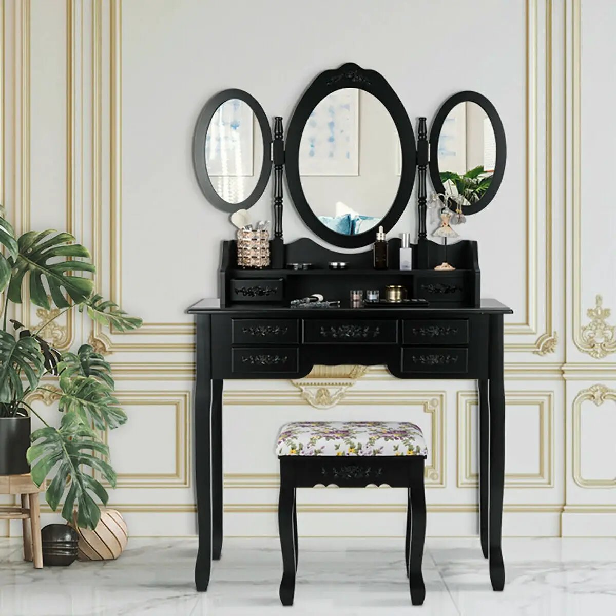 7 Drawer Tri-Folding Mirror Dressing Vanity Makeup Set by DirectDeals