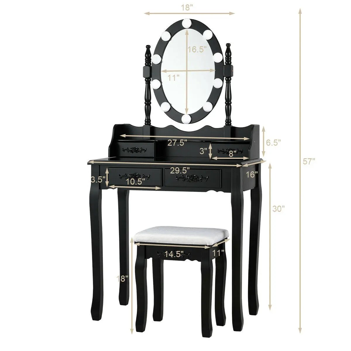 Makeup Dressing Table with Touch Switch Lighted Mirror and Cushioned Stool by DirectDeals