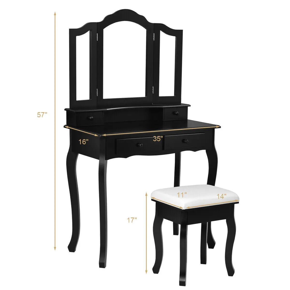4 Drawers Wood Mirrored Vanity Dressing Table with Stool by DirectDeals