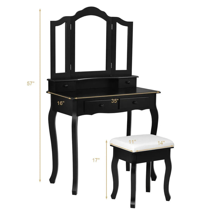 4 Drawers Wood Mirrored Vanity Dressing Table with Stool by DirectDeals