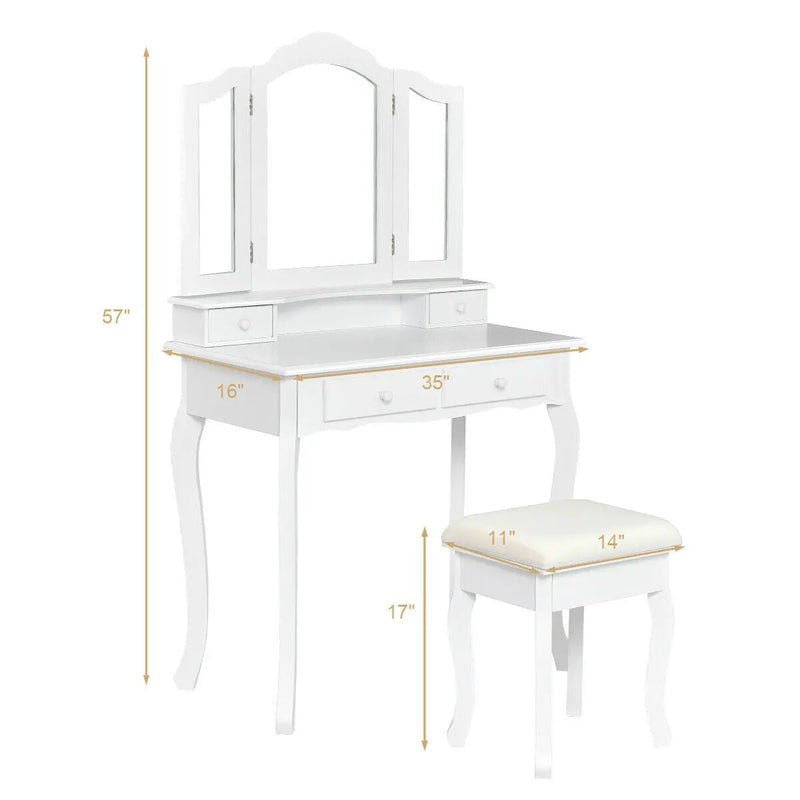4 Drawers Wood Mirrored Vanity Dressing Table with Stool by DirectDeals