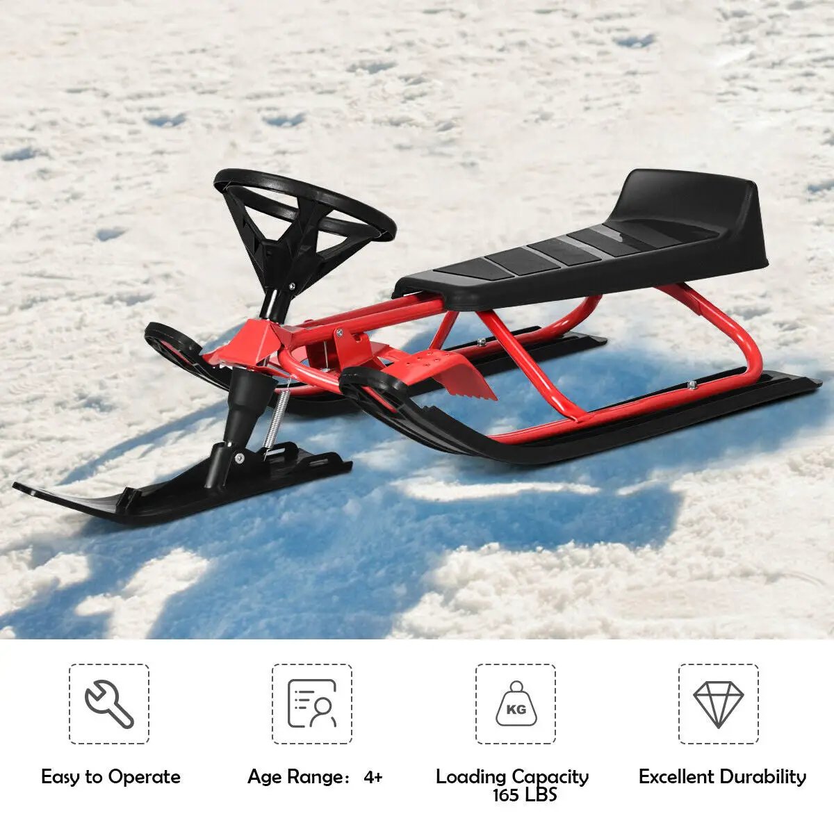 Kids Snow Sled with Steering Wheel and Double Brakes Pull Rope by DirectDeals