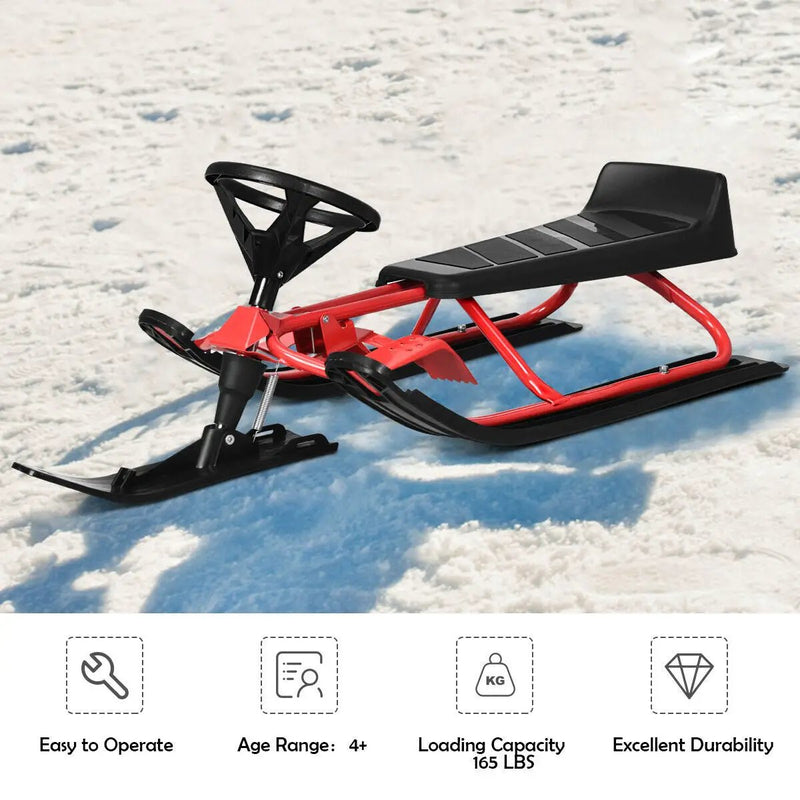 Kids Snow Sled with Steering Wheel and Double Brakes Pull Rope by DirectDeals