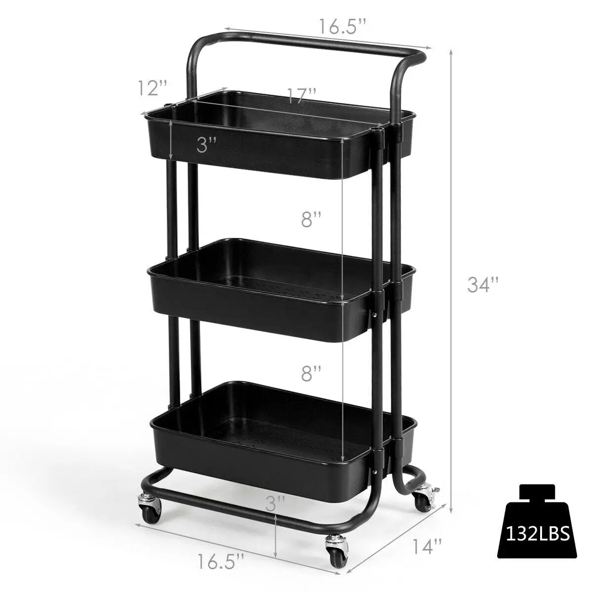 3-Tier Utility Cart Storage Rolling Cart with Casters by DirectDeals