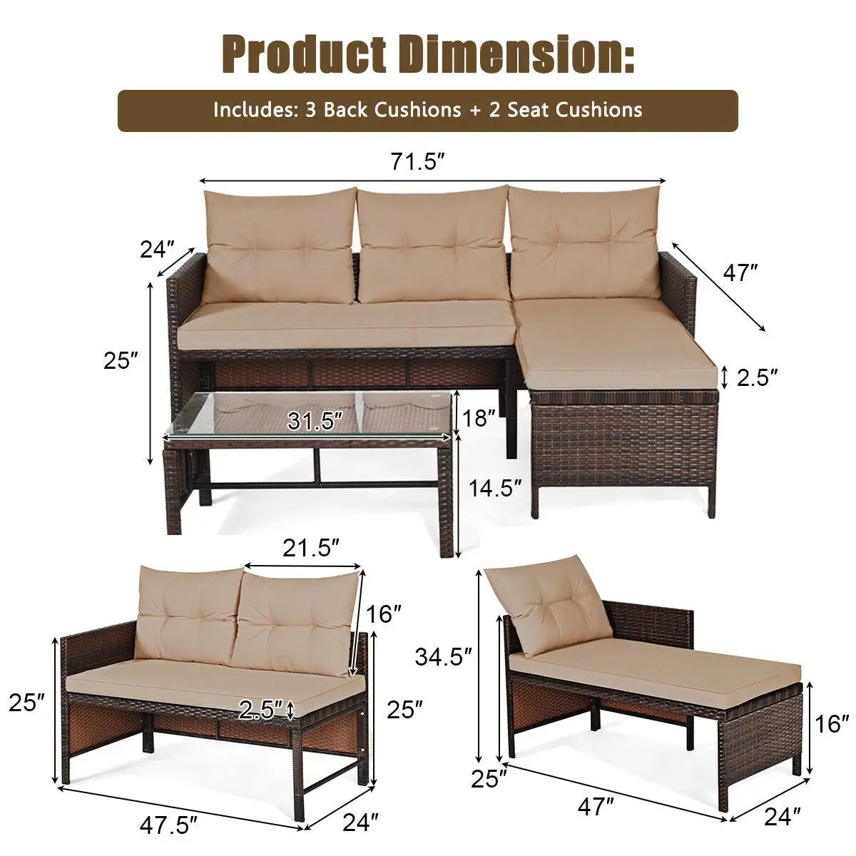 3 Pieces Patio Wicker Rattan Sofa Set by DirectDeals