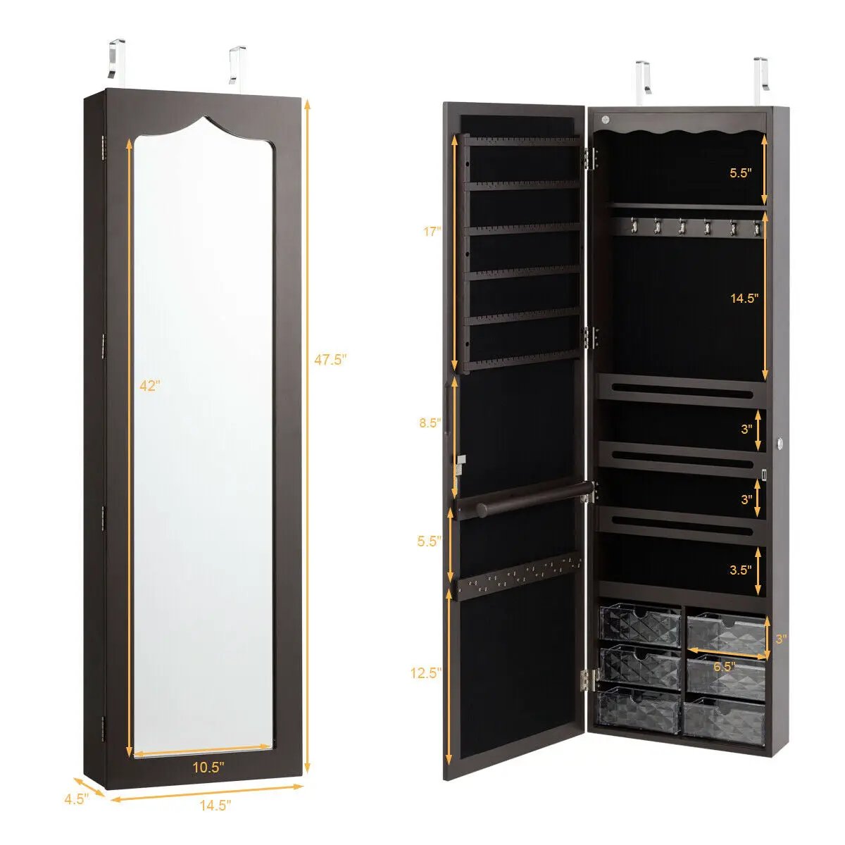 5 LEDs Jewelry Armoire Wall Mounted / Door Hanging Mirror by DirectDeals