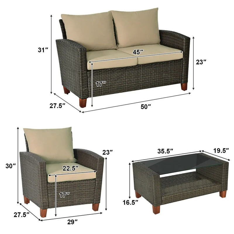 4 Pieces Patio Rattan Furniture Set with Cushions by DirectDeals