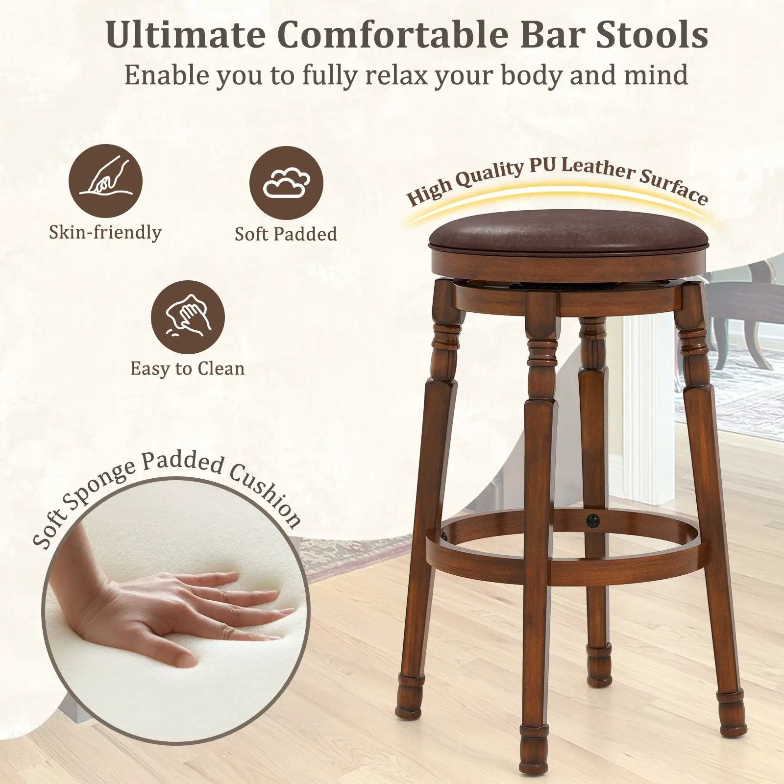 Set of 2 29-Inch Swivel Leather Padded Dining Bar Stools by DirectDeals