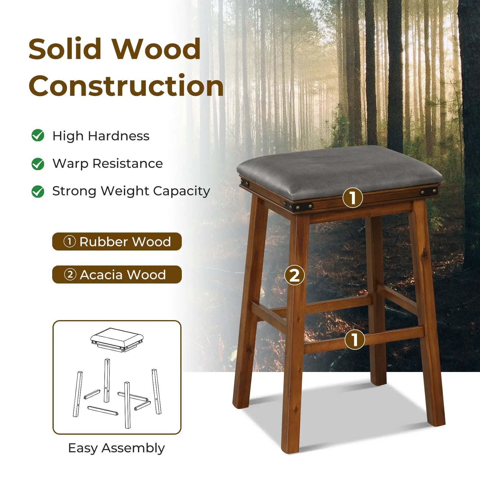Set of 2 24/30 Inch Dining Bar Stool with Rubber Wood by DirectDeals