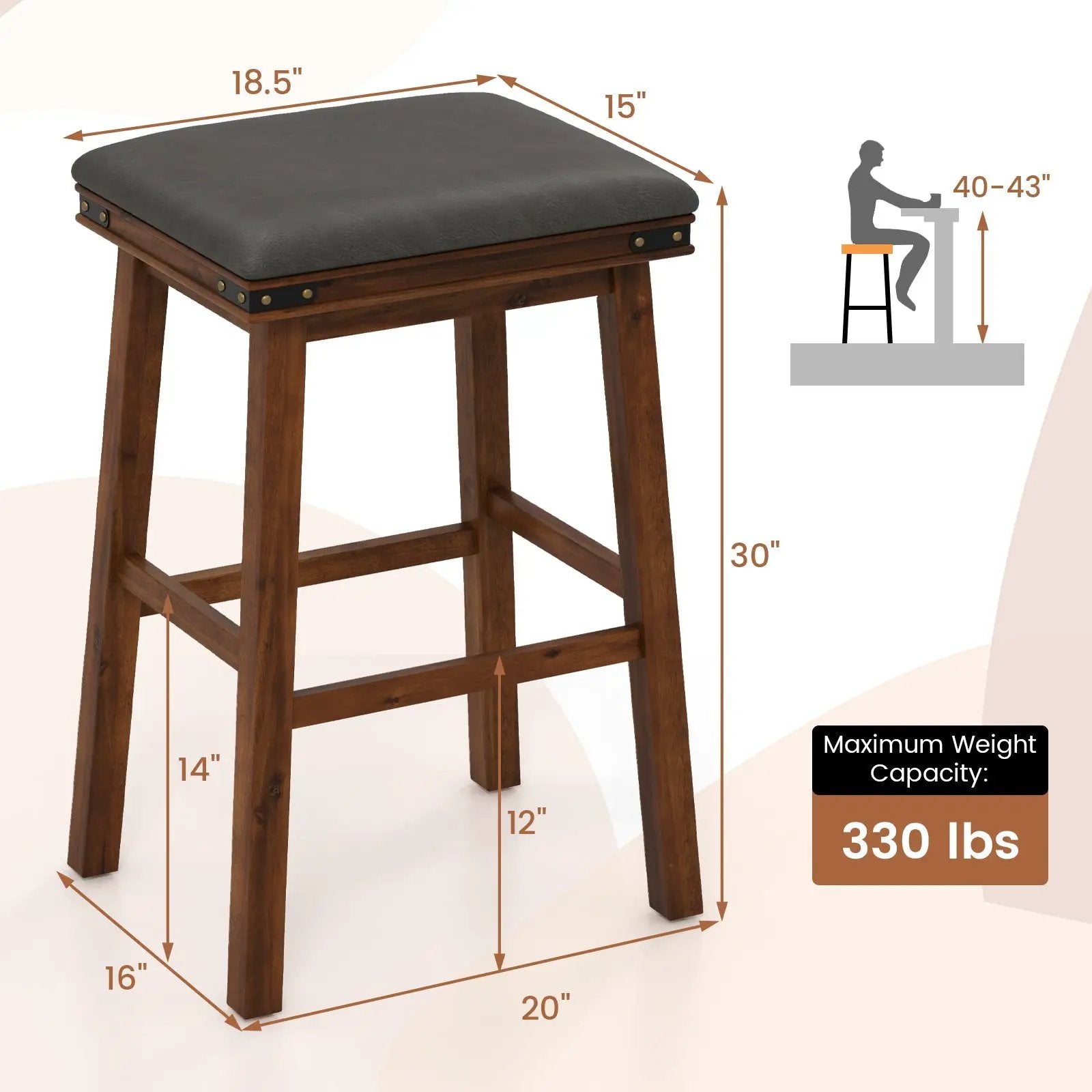 Set of 2 24/30 Inch Dining Bar Stool with Rubber Wood by DirectDeals