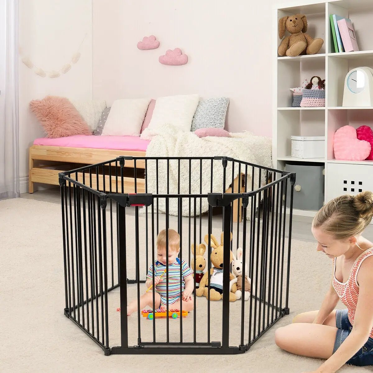 6 Panel Wall-mount Adjustable Baby Safe Metal Fence Barrier-Black by DirectDeals