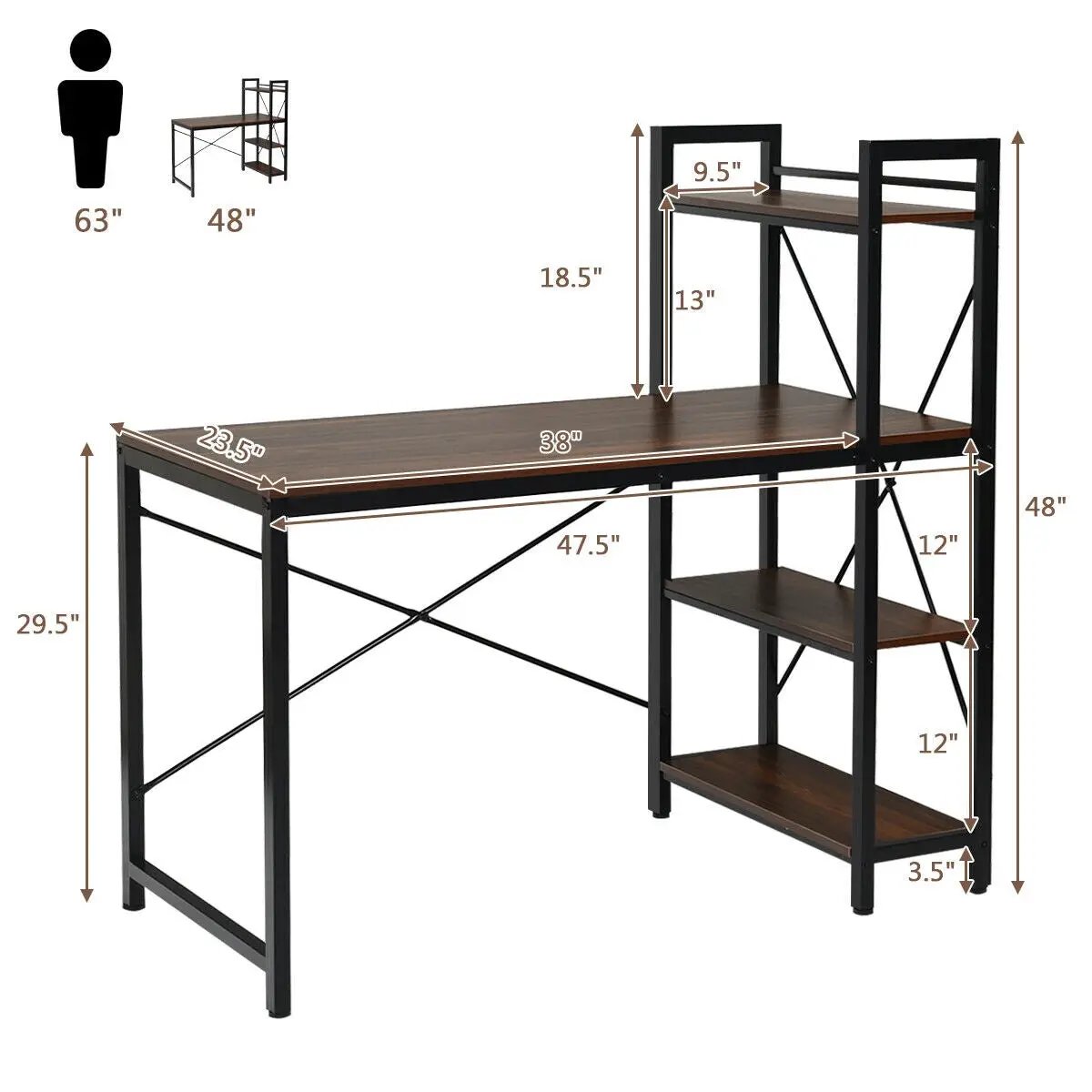 47.5 Inch Writing Study Computer Desk with 4-Tier Shelves by DirectDeals