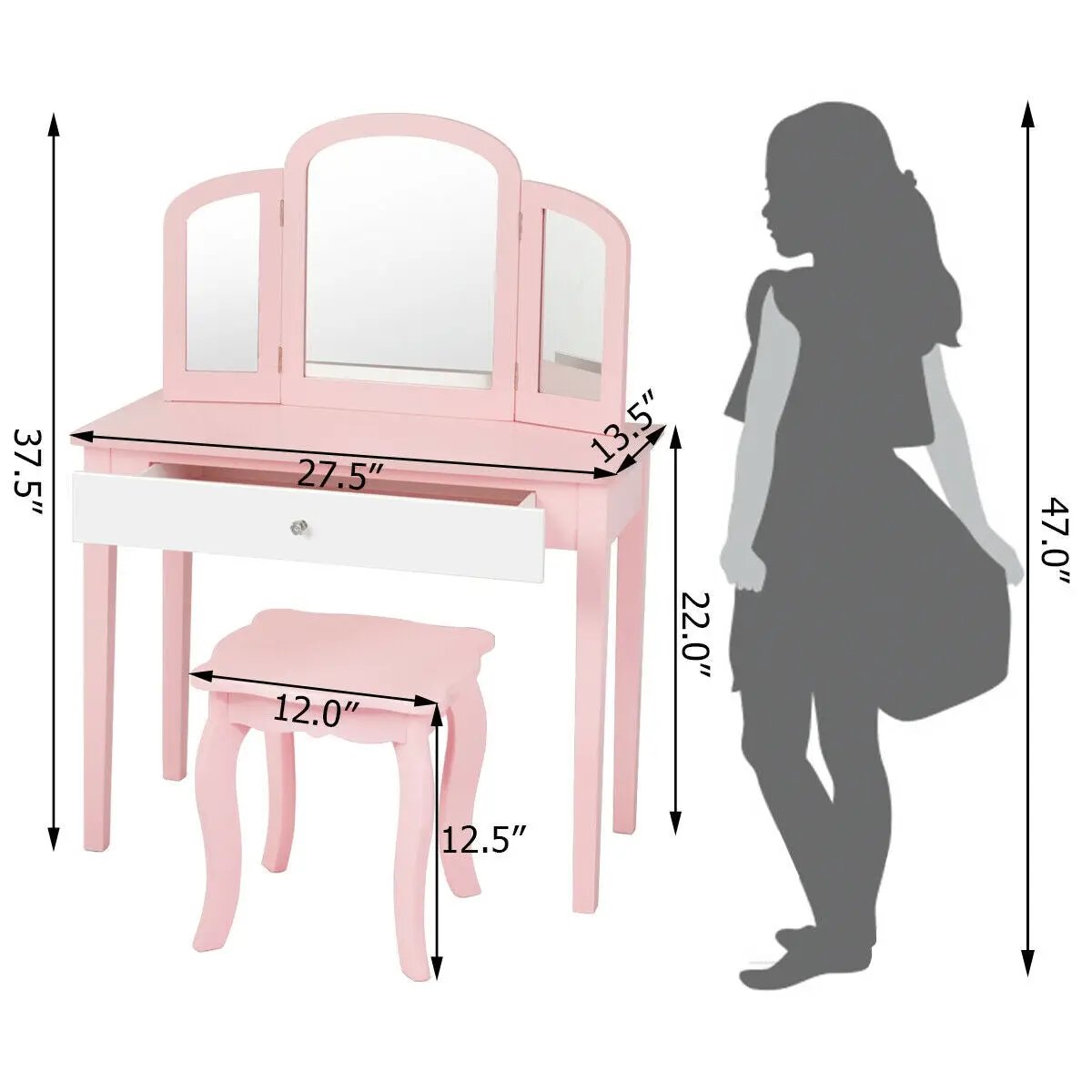 Kids Princess Make Up Dressing Table with Tri-folding Mirror and Chair by DirectDeals