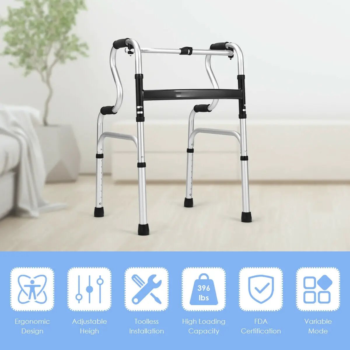 One-Button Folding Aluminum Walking Frame Walker by DirectDeals