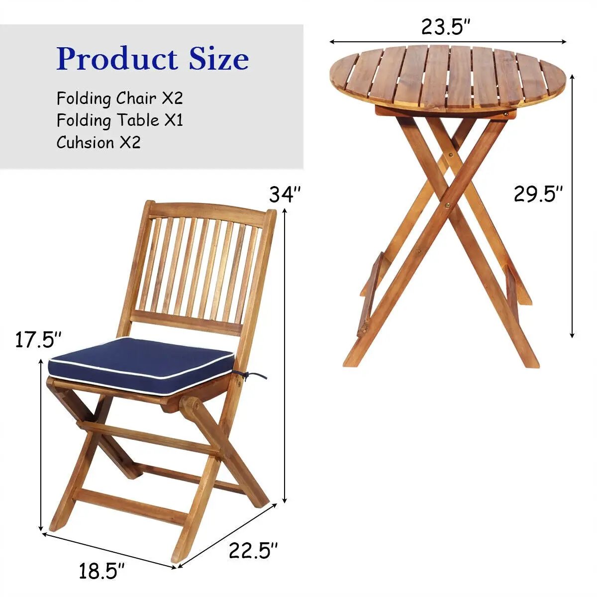 3 Pieces Patio Folding Bistro Set with Padded Cushion and Round Coffee Table-Navy by DirectDeals