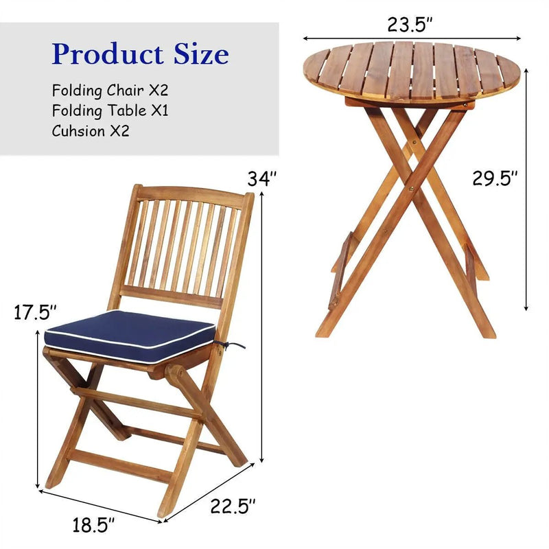 3 Pieces Patio Folding Bistro Set with Padded Cushion and Round Coffee Table-Navy by DirectDeals