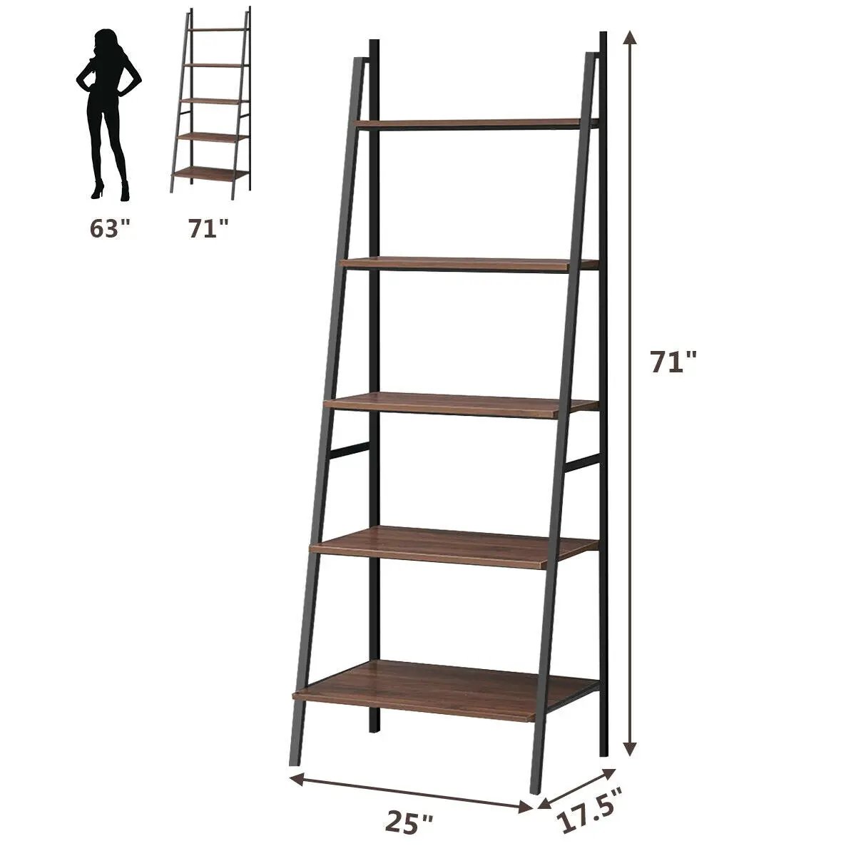 5 Tier Leaning Bookshelf Wood Metal Bookcase by DirectDeals