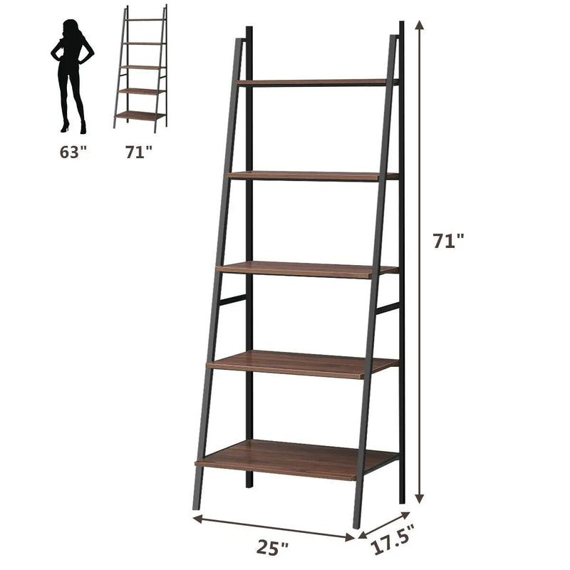 5 Tier Leaning Bookshelf Wood Metal Bookcase by DirectDeals