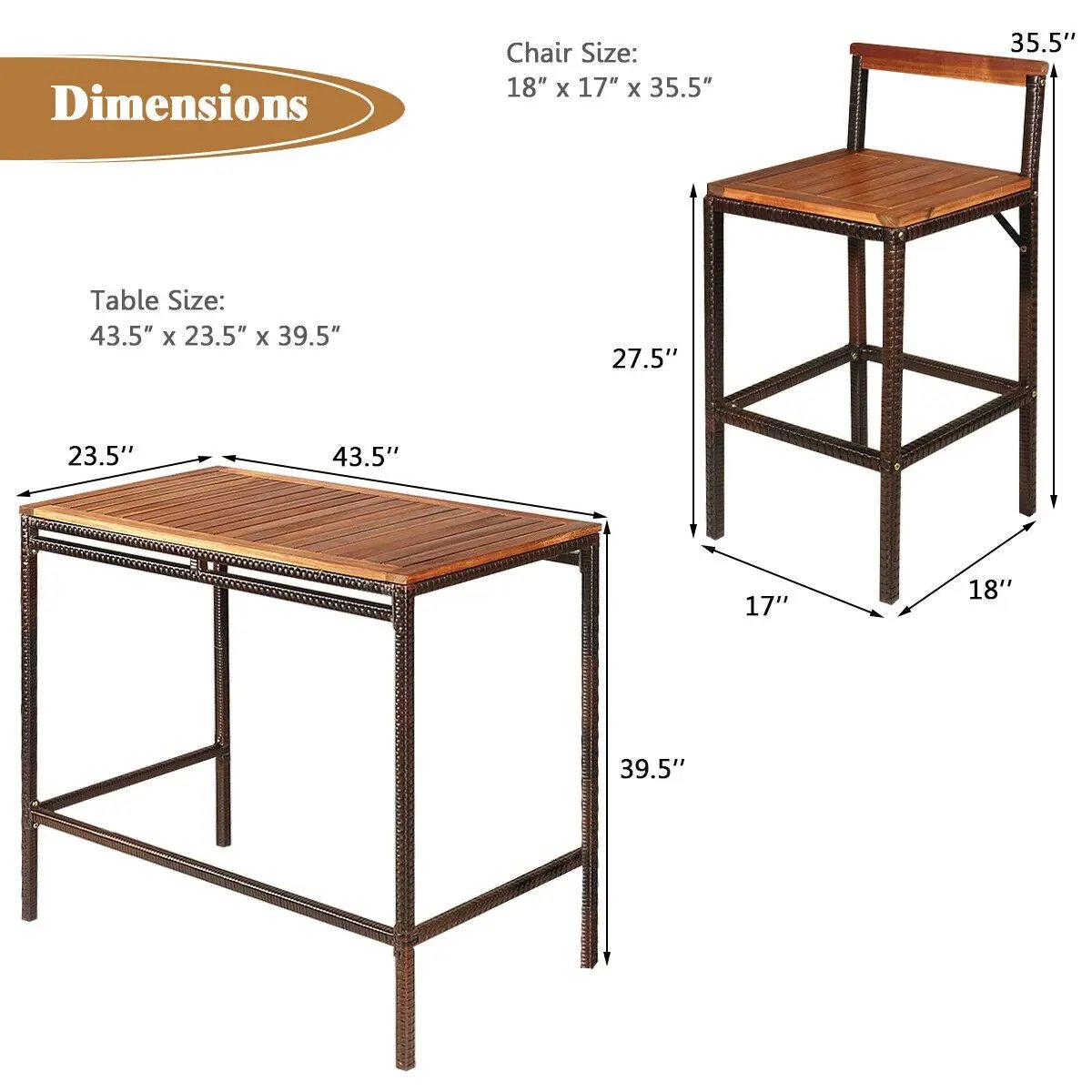 3 Pieces Patio Rattan Wicker Bar Dining Furniture Set by DirectDeals