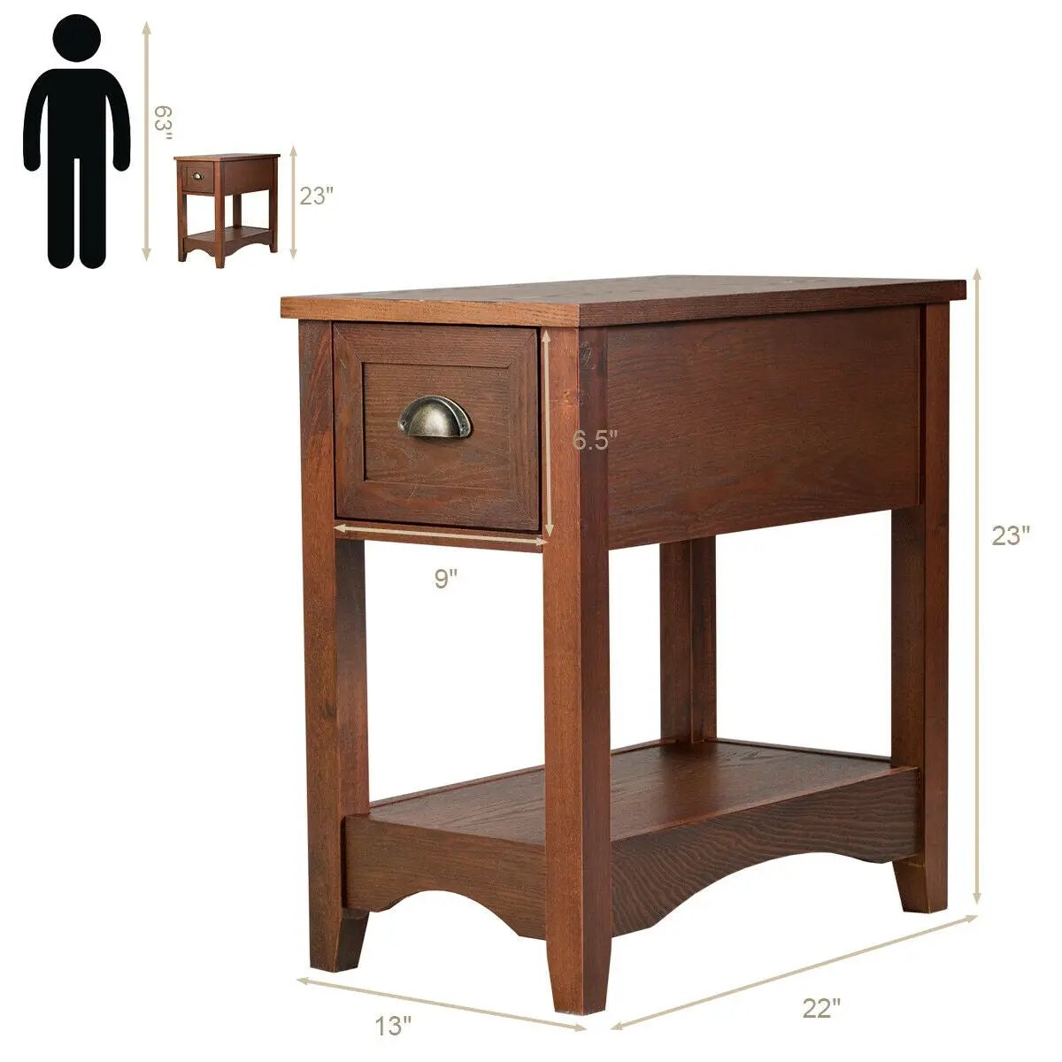 2 Pieces Retro Narrow Tiered End Table with Drawer and Storing Shelf by DirectDeals