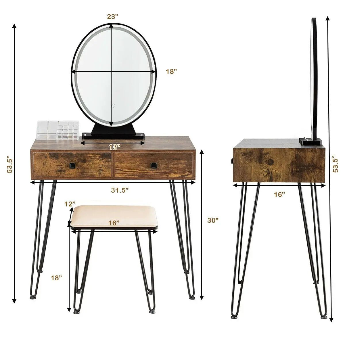 Industrial Makeup Dressing Table with 3 Lighting Modes by DirectDeals