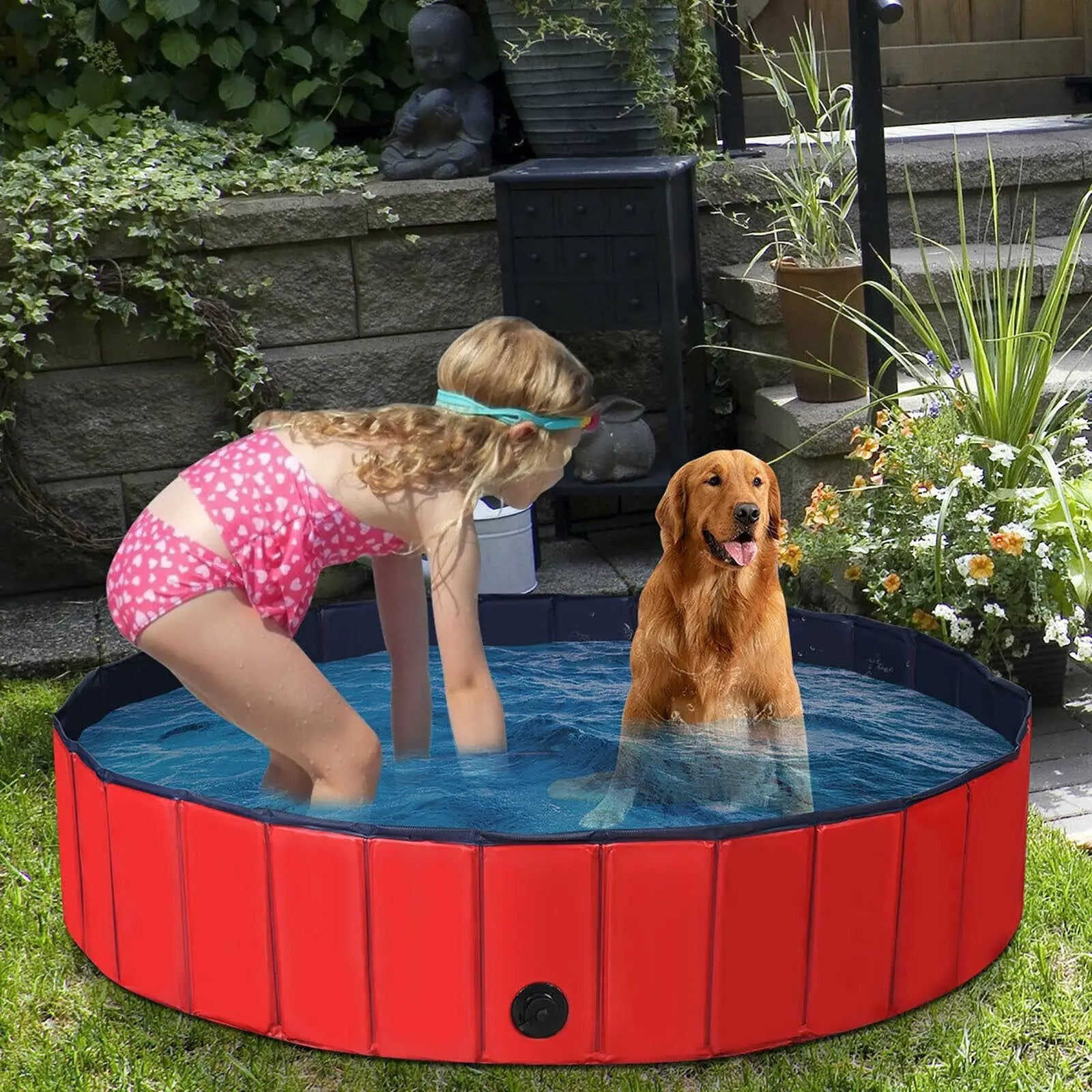 63 Inch Foldable Leakproof Dog Pet Pool Bathing Tub Kiddie Pool for Dogs Cats and Kids by DirectDeals