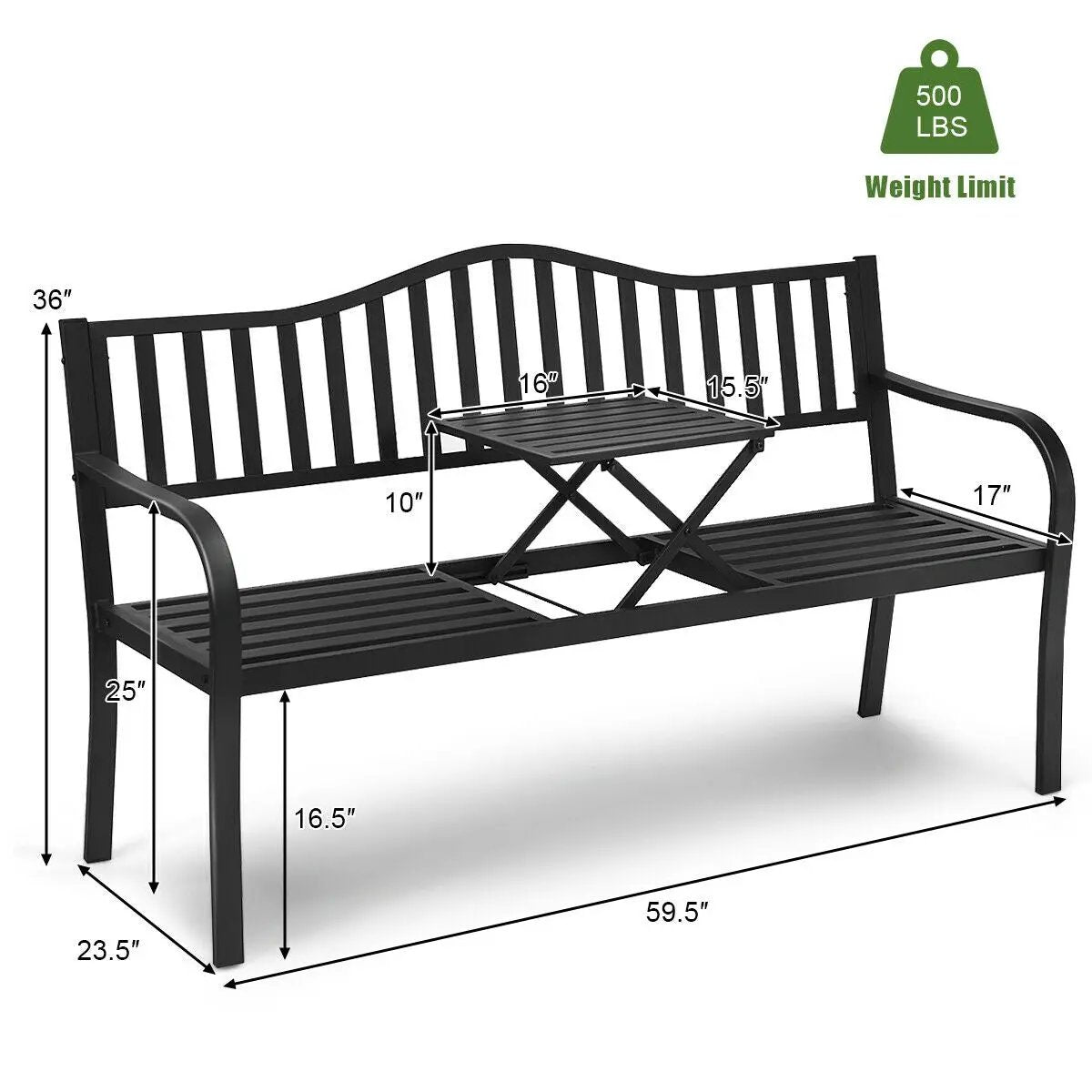 Patio Garden Bench Steel Frame with Adjustable Center Table by DirectDeals