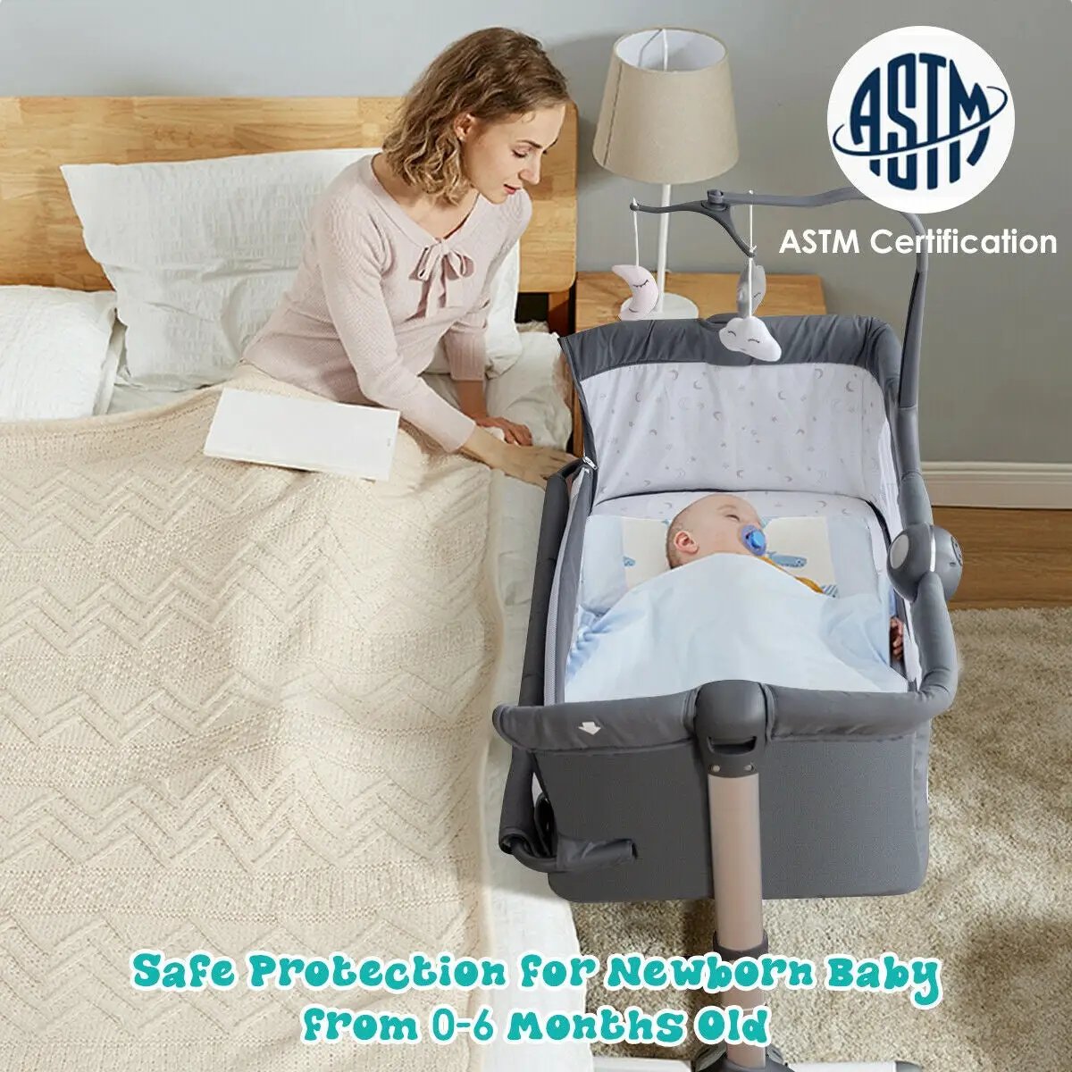 Height Adjustable Baby Side Crib with Music Box & Toys by DirectDeals