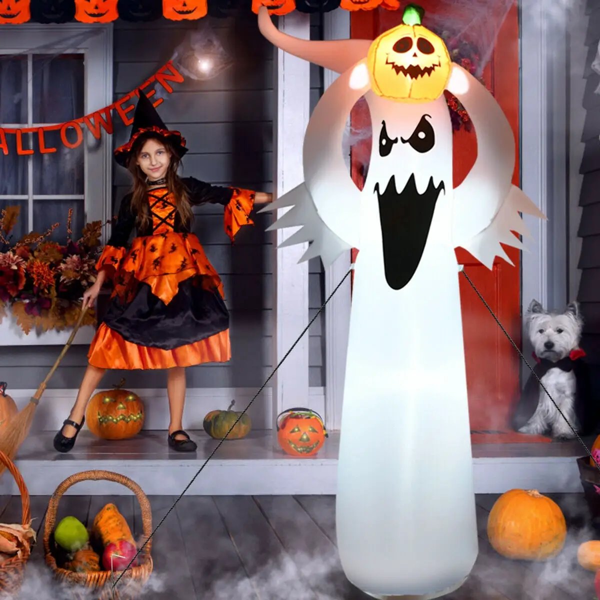 6 Feet Halloween Inflatable Blow Up Ghost with Pumpkin and LED Lights by DirectDeals