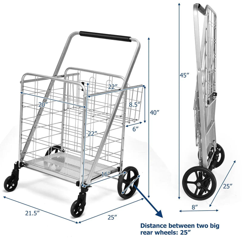 Heavy Duty Folding Utility Shopping Double Cart-Silver by DirectDeals
