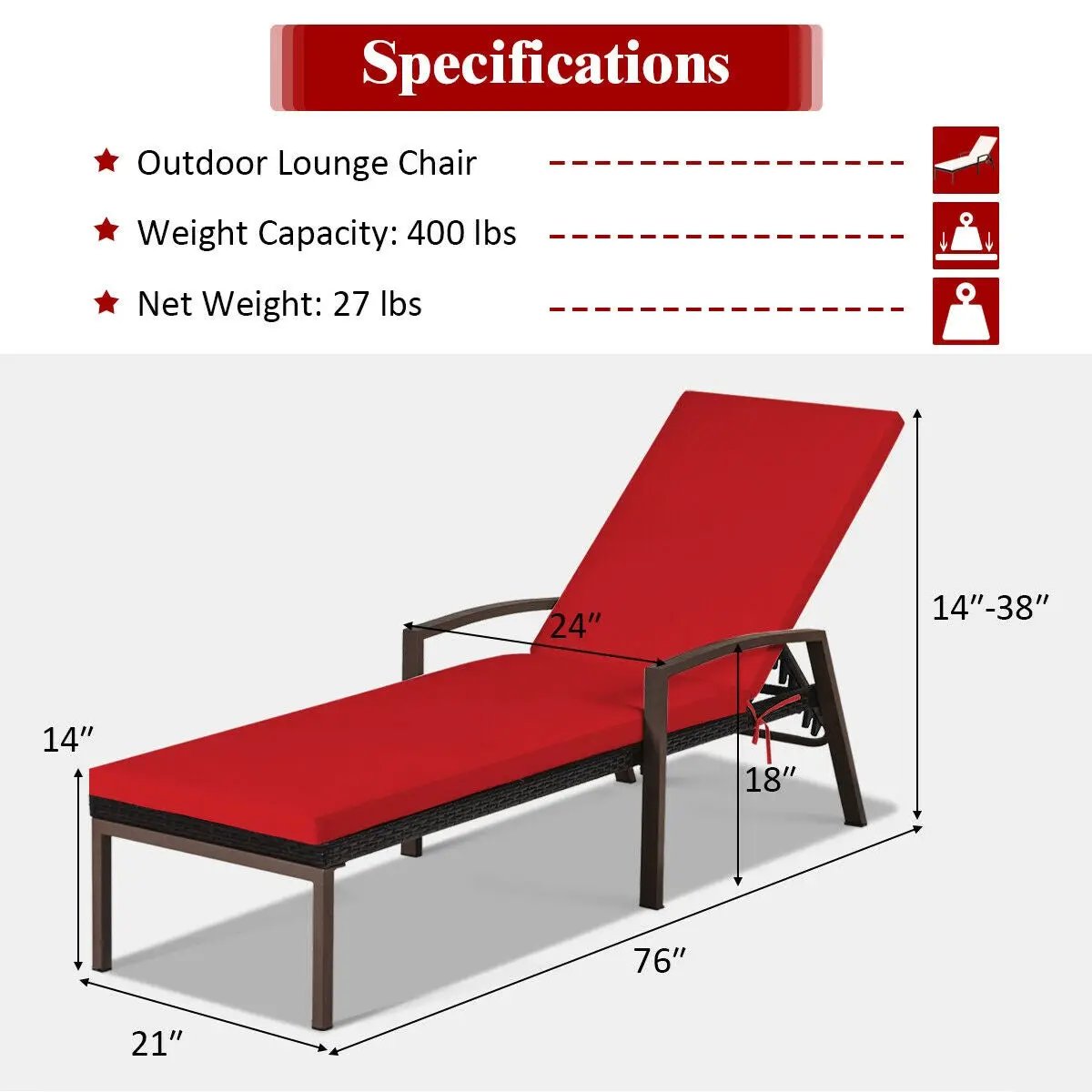 Patio Rattan Lounge Chaise Recliner with Back Adjustable Cushioned by DirectDeals