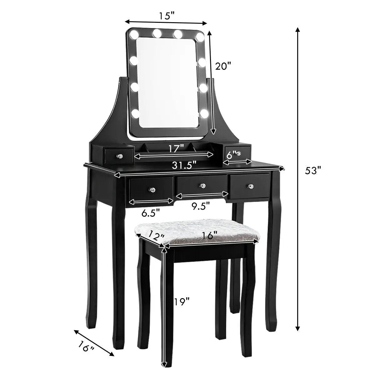 Vanity Dressing Table Set with 10 Dimmable Bulbs and Cushioned Stool by DirectDeals