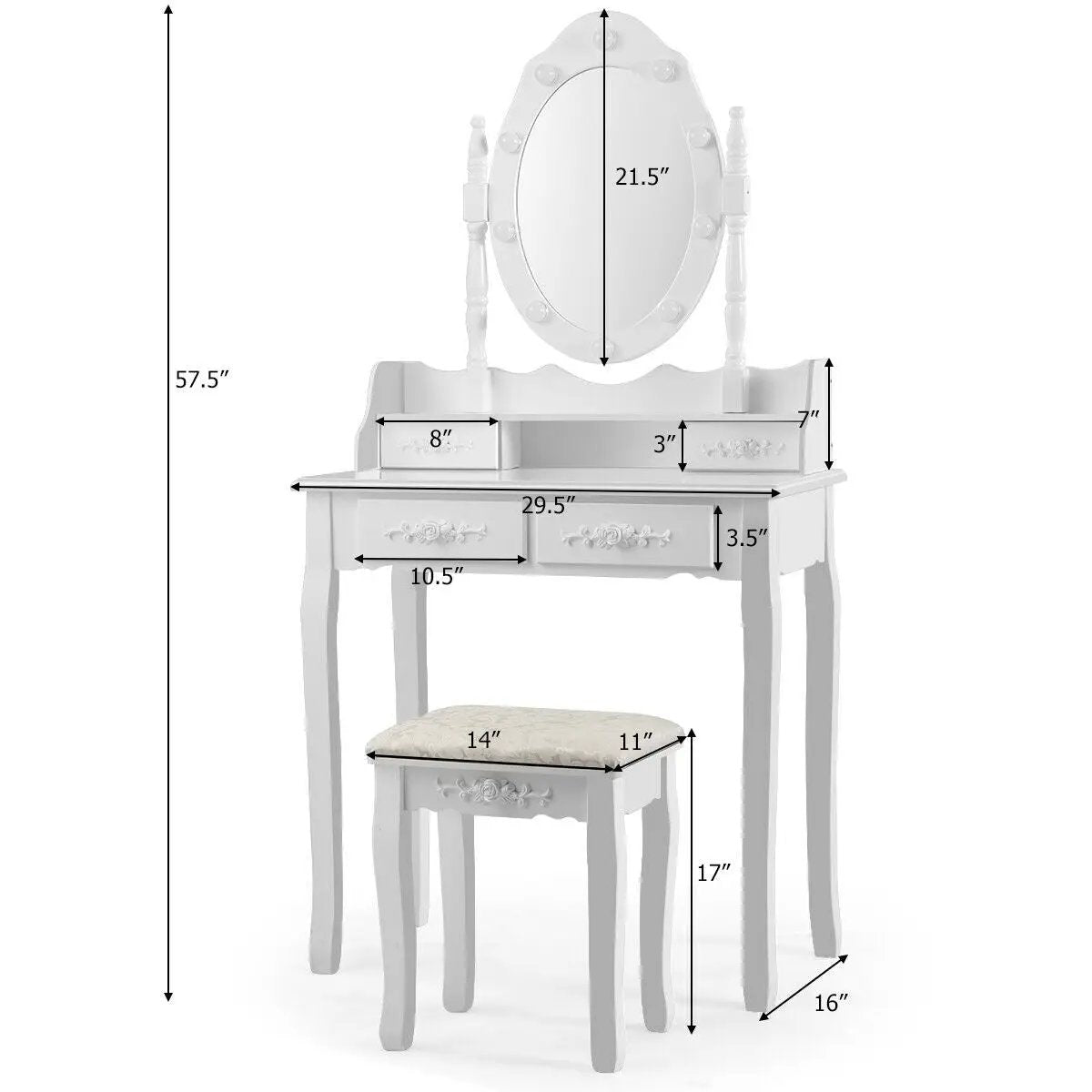 Makeup Vanity Dressing Table Set with Dimmable Bulbs Cushioned Stool by DirectDeals