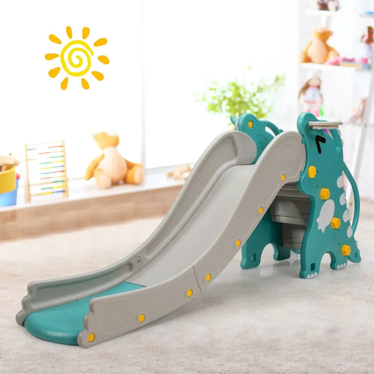 4-in-1 Kids Climber Slide Play Set with Basketball Hoop-Green by DirectDeals