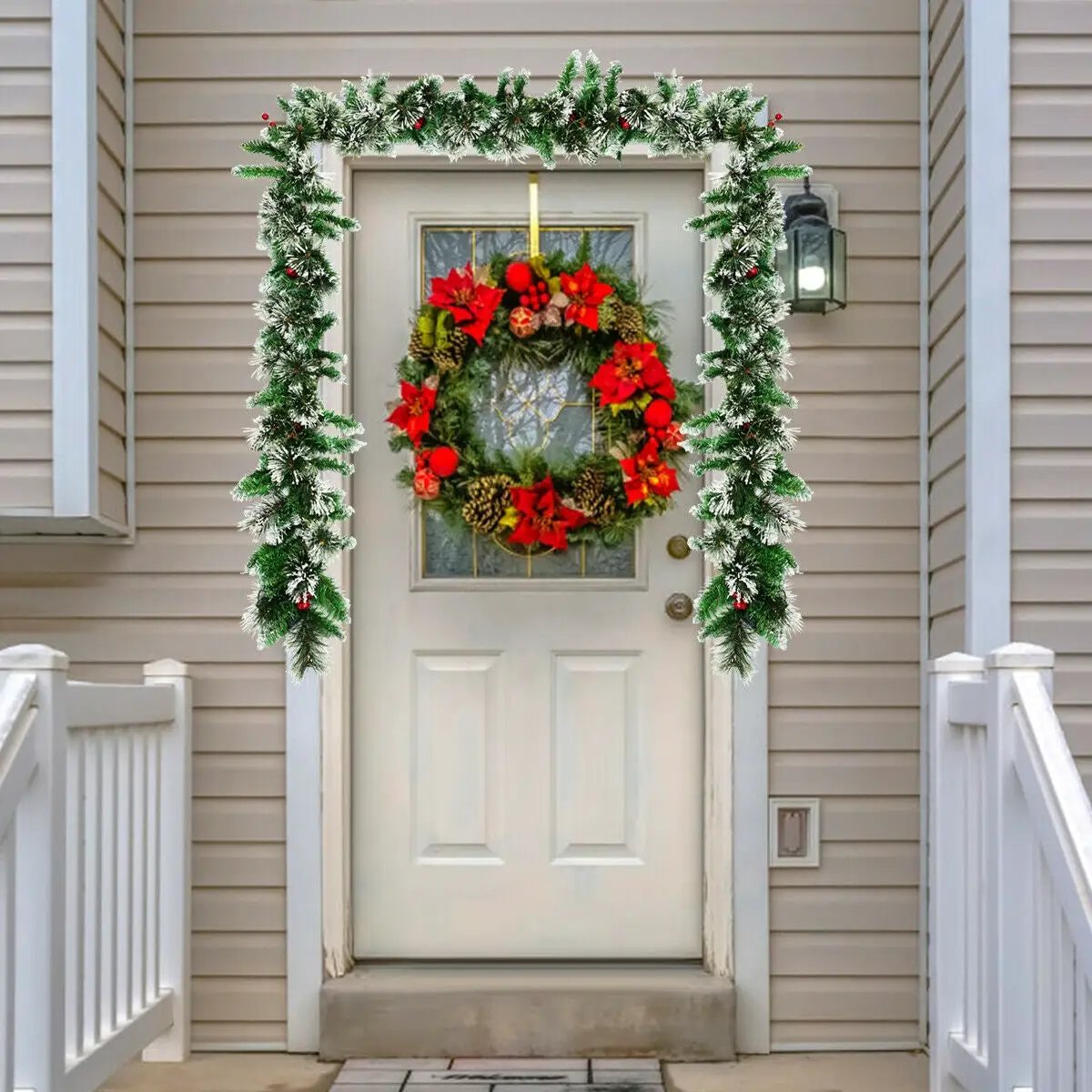 9 Feet Pre-lit Snow Flocked Tips Christmas Garland with Red Berries by DirectDeals