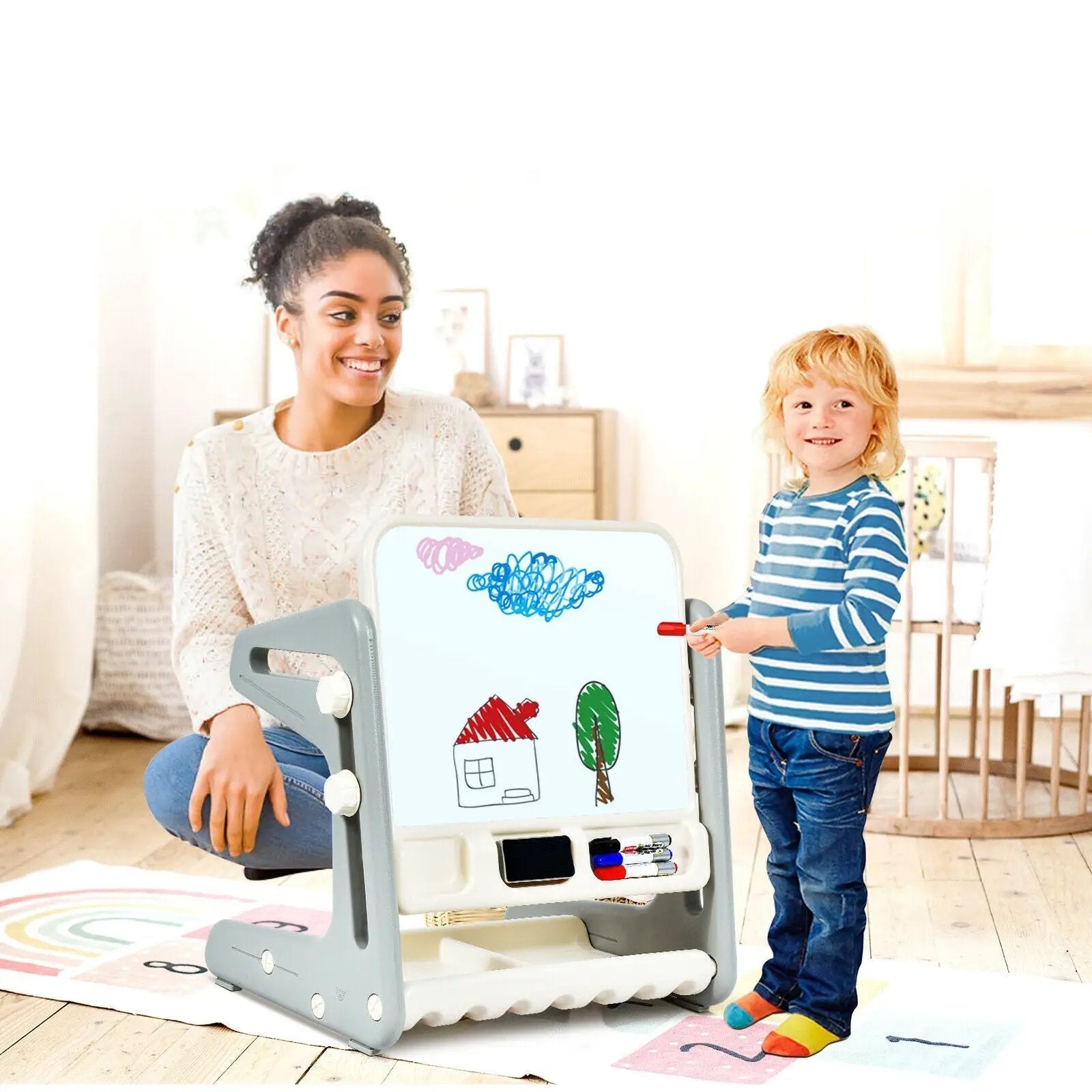 2 in 1 Kids Easel Table and Chair Set with Adjustable Art Painting Board by DirectDeals