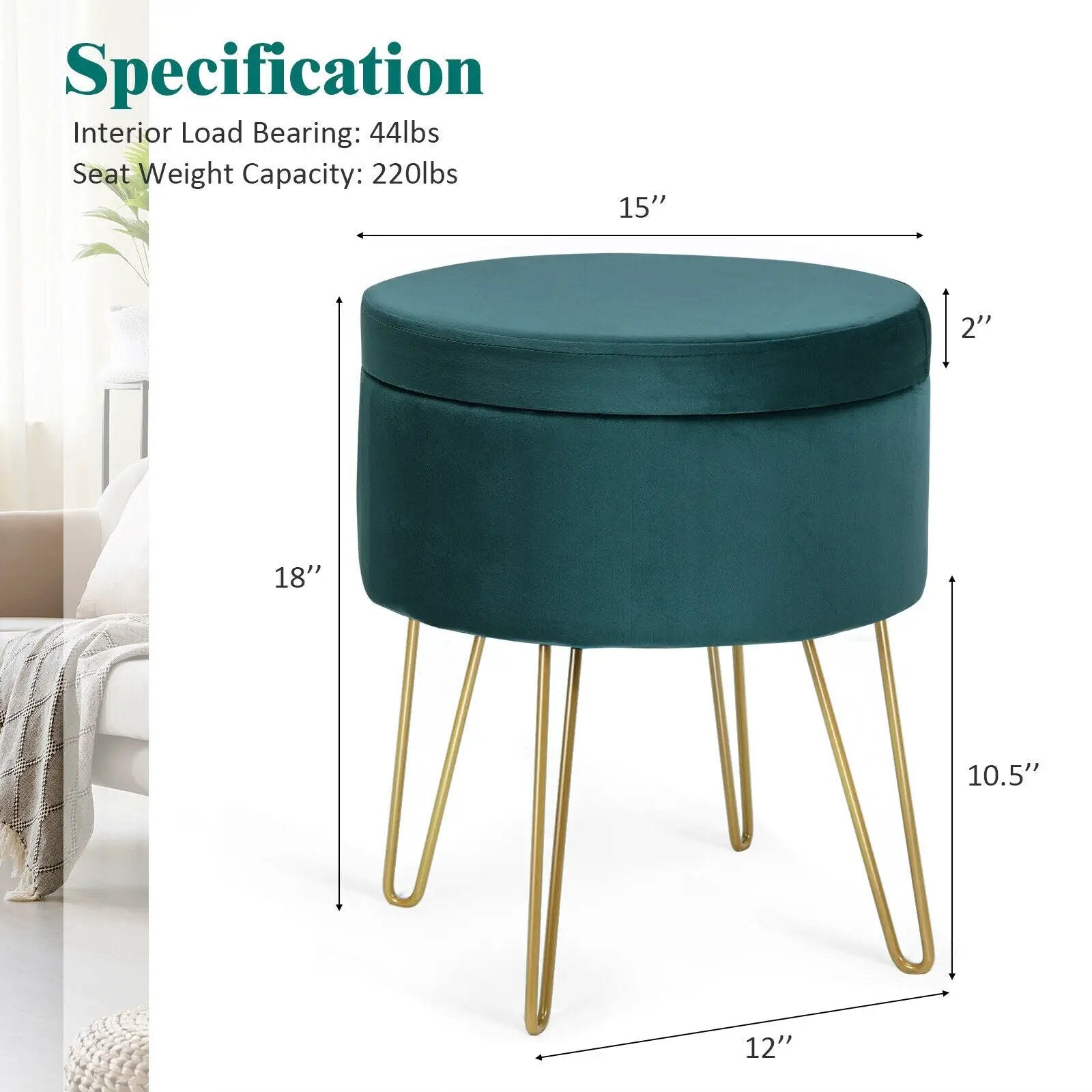 Round Velvet Storage Ottoman Footrest Stool Vanity Chair with Metal Legs by DirectDeals