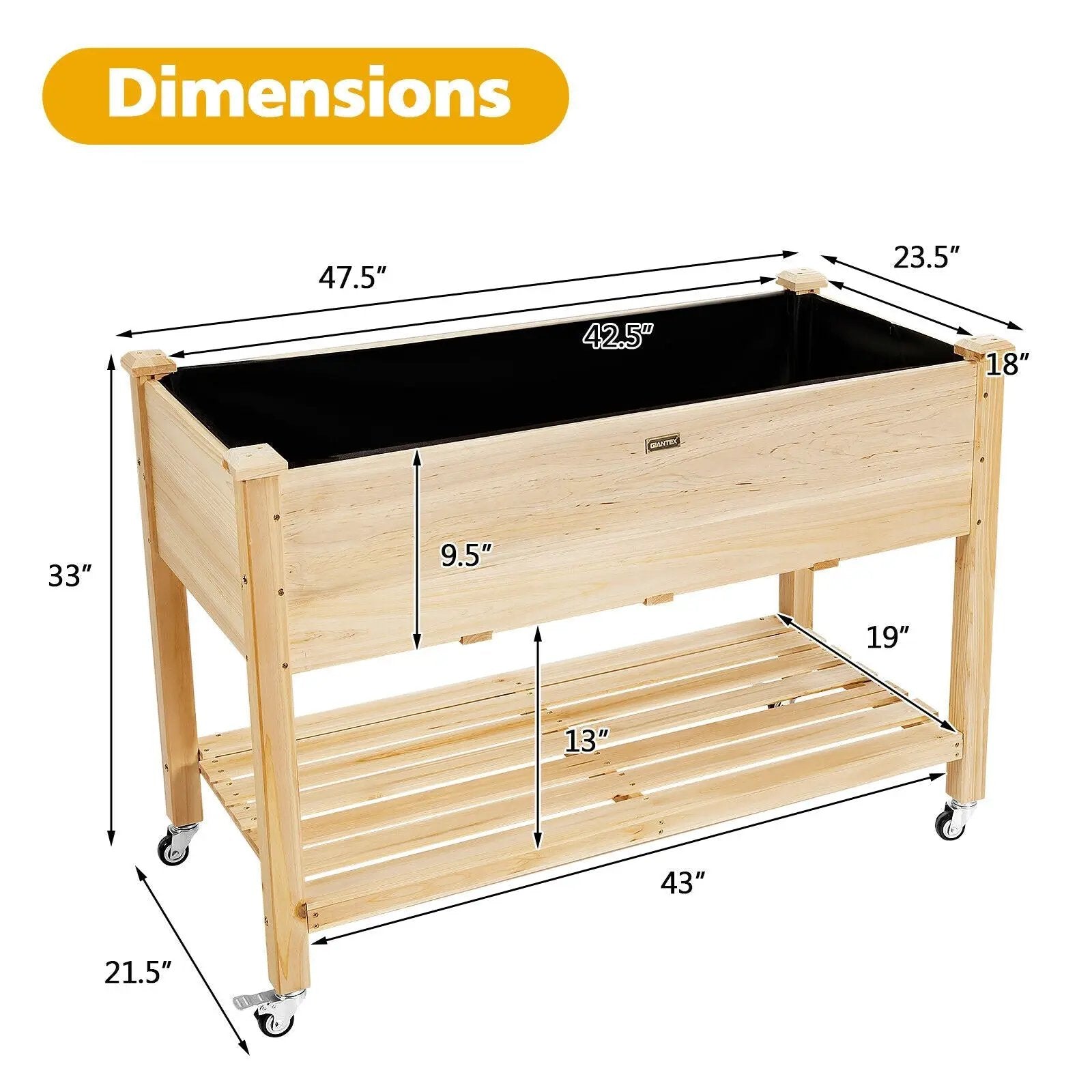 Wood Elevated Planter Bed with Lockable Wheels Shelf and Liner by DirectDeals