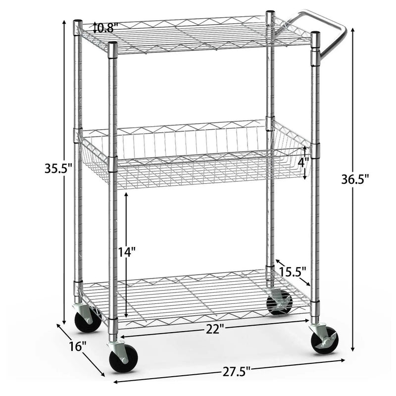 3-Tier Rolling Utility Cart with Handle Bar and Adjustable Shelves by DirectDeals