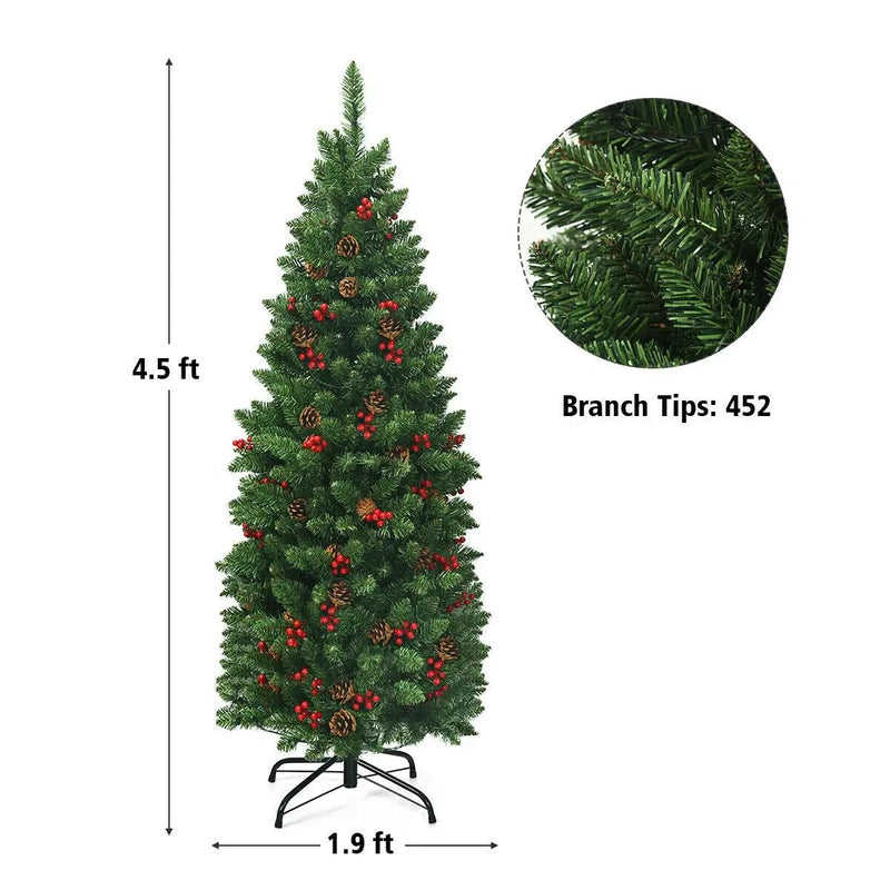 4.5 Feet Pre-lit Hinged Pencil Christmas Tree with Pine Cones Red Berries and 150 Lights by DirectDeals