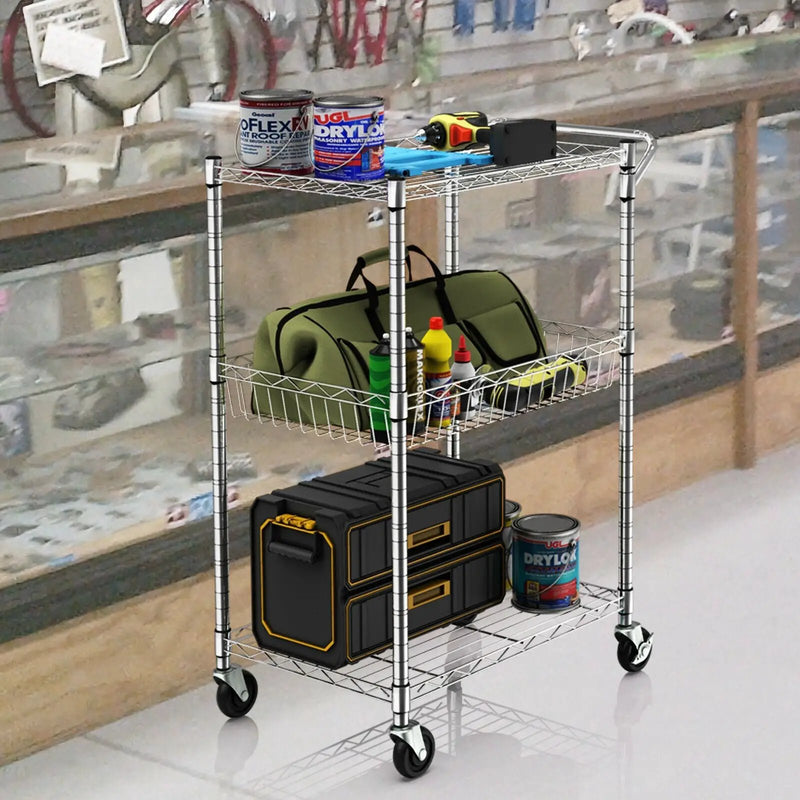 3-Tier Rolling Utility Cart with Handle Bar and Adjustable Shelves by DirectDeals